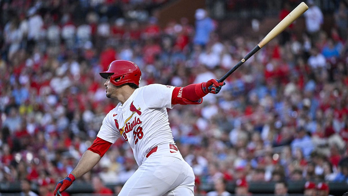St. Louis Cardinals third baseman Nolan Arenado (28) hits a two run double against the Chicago White Sox during the first inning at Busch Stadium.
