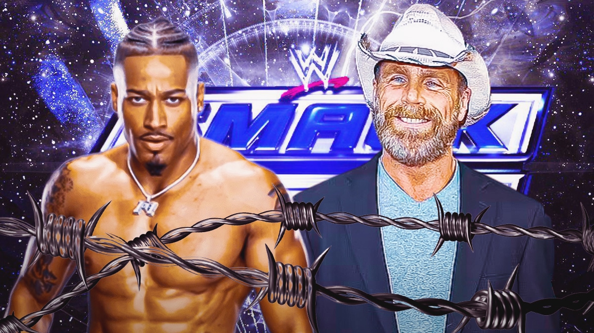 Carmelo Hayes next to Shawn Michaels with the SmackDown logo as the background.