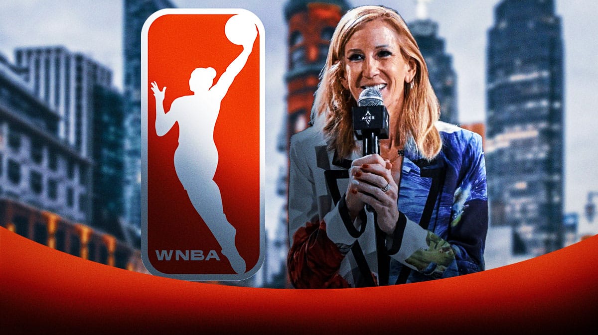 WNBA Commissioner Cathy Engelbert with the city of Toronto, Ontario in the background, and the WNBA logo