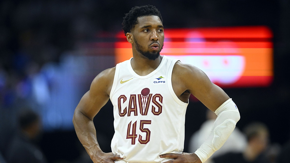 Cleveland Cavaliers guard Donovan Mitchell (45) stands on the court in the second quarter of game three of the second round of the 2024 NBA playoffs against the Boston Celtics at Rocket Mortgage FieldHouse