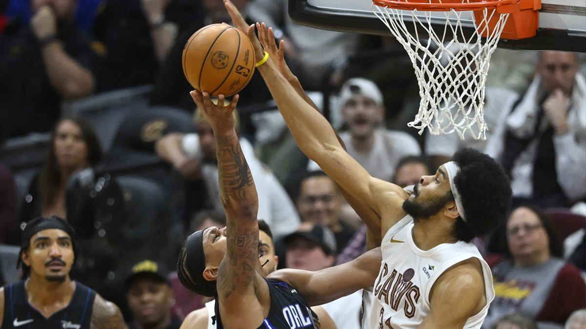 Cleveland Cavaliers center Jarrett Allen (31) blocks a shot by Orlando Magic forward Paolo Banchero (5) in the fourth quarter during game two of the first round of the 2024 NBA playoffs at Rocket Mortgage FieldHouse