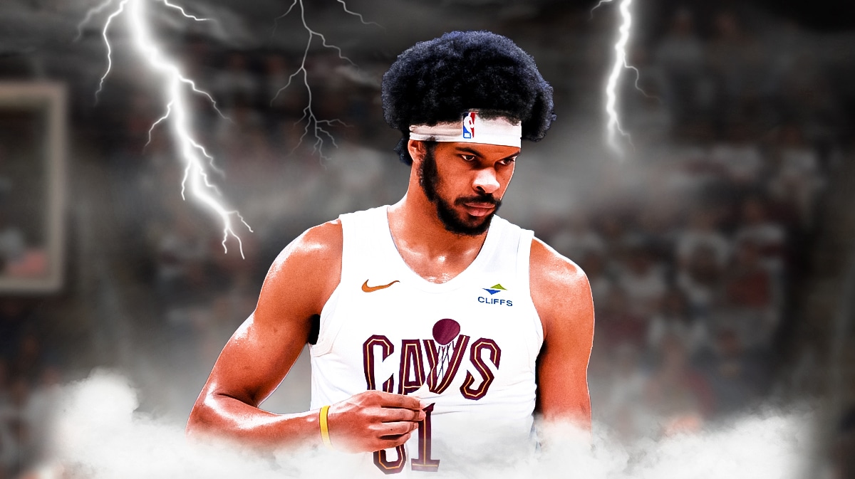 Image: Jarrett Allen in pain with a sad storm cloud raining over him