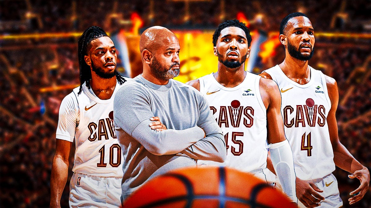 Donovan Mitchell, Evan Mobley, Darius Garland and J.B. Bickerstaff with a basketball court in Cavs colors as the background.