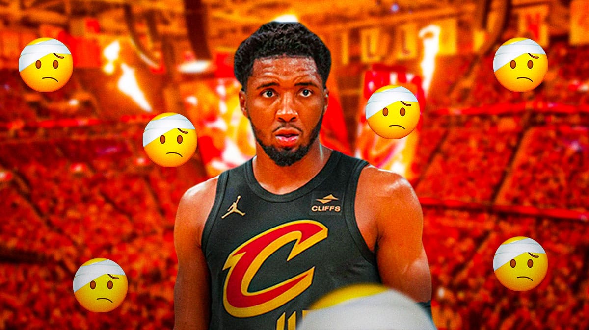 Cavs player Donovan Mitchell will emojis behind him.
