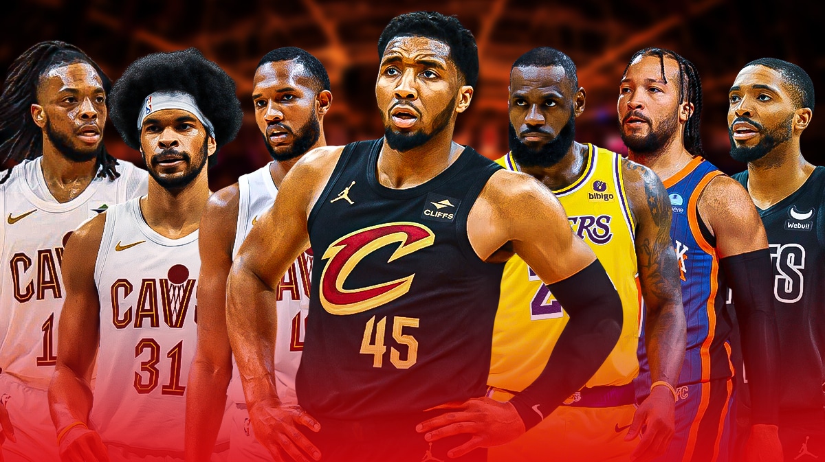 Cavs' Donovan Mitchell with Darius Garland, Jarrett Allen, Evan Mobley, LeBron James, Jalen Brunson and Mikal Bridges