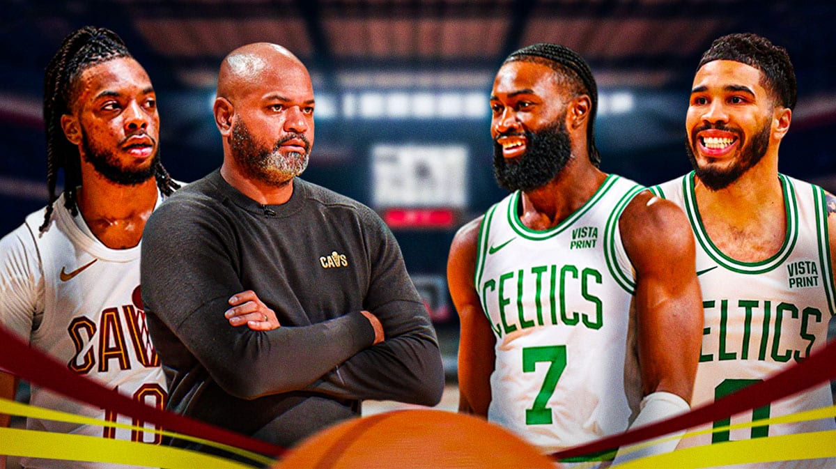 Frustrated Cavs Darius Garland, J.B. Bickerstaff next to a grinning Celtics Jaylen Brown and Jayson Tatum