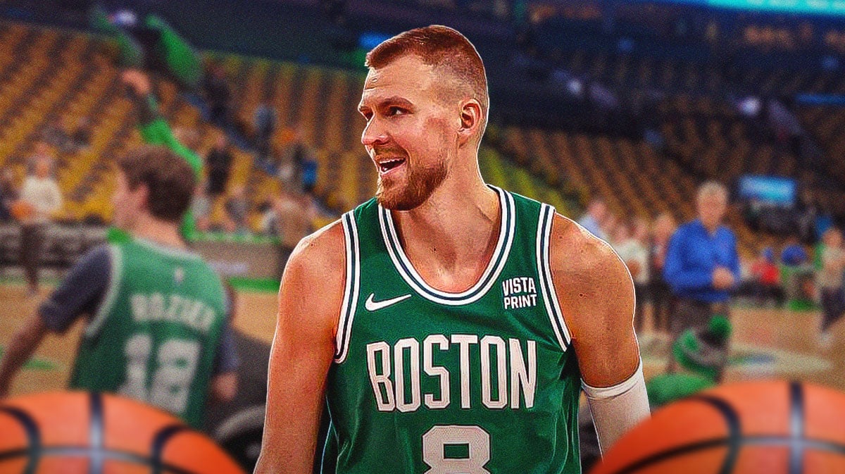 image idea: Kristaps Porzingis smiling on a TD Garden/generic celtics background