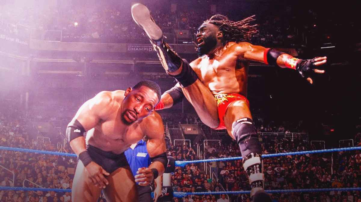 Bam Adebayo (Heat) as Bobby Lashley (wrestler on LEFT) and Jaylen Brown (Celtics) as Booker T (wrestler on RIGHT)