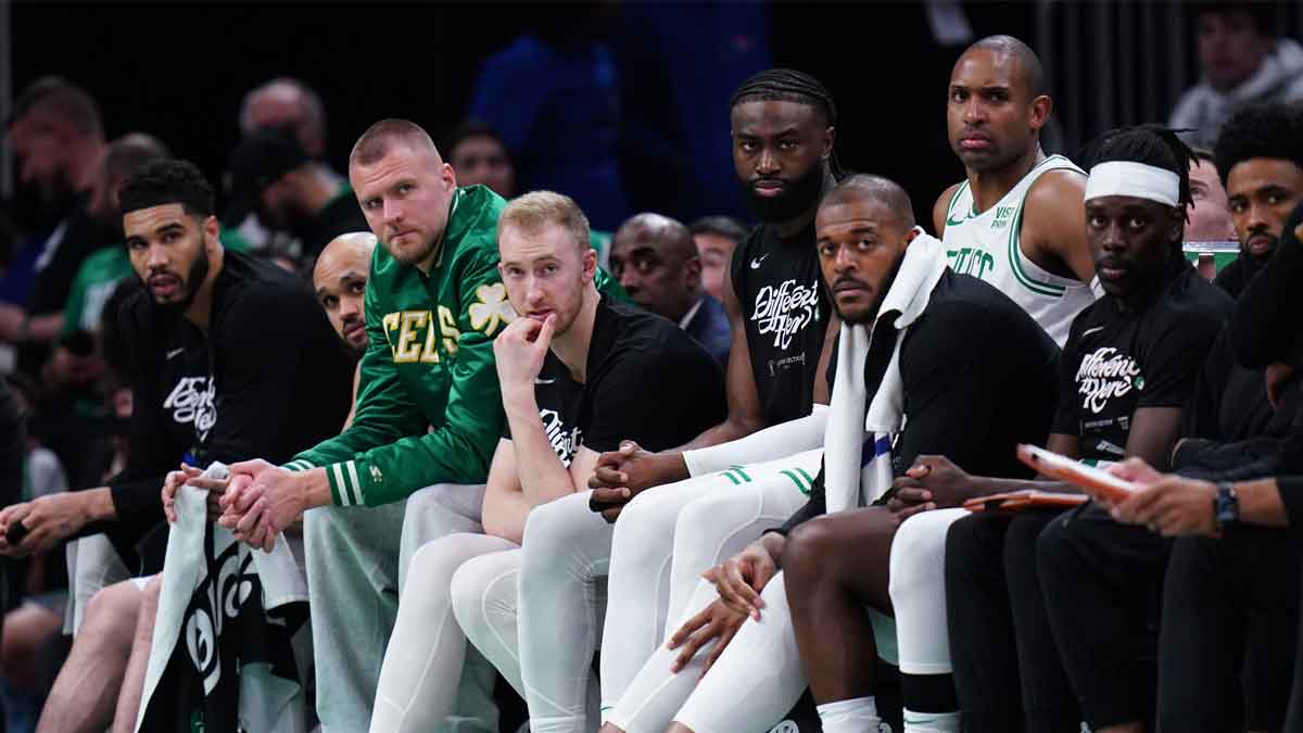The Boston Celtics bench looks on in the final minutes of game two of the second round for the 2024 NBA playoffs against the Cleveland Cavaliers at TD Garden.