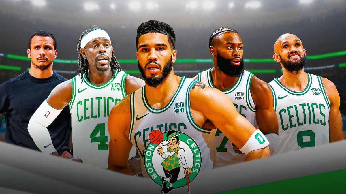Jrue Holiday and Derrick White stand with Celtics teammates on Cavs court
