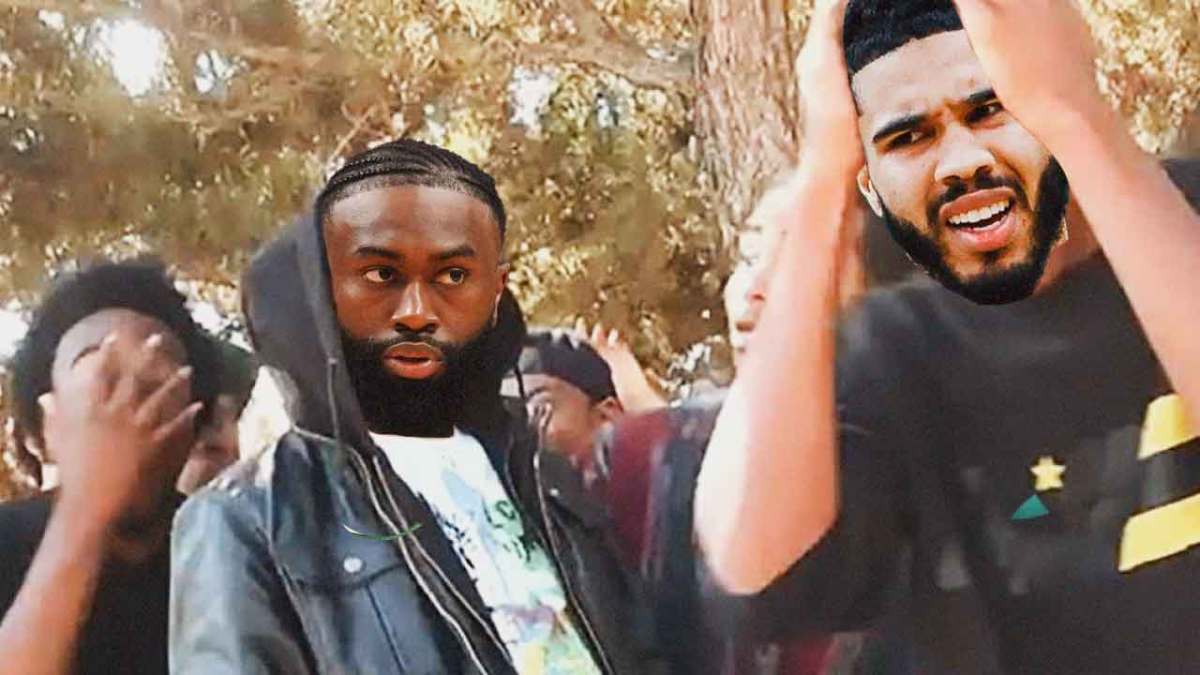 Jaylen Brown (Celtics) as guy in hoodie, Jayson Tatum as guy on RIGHT with hands on head