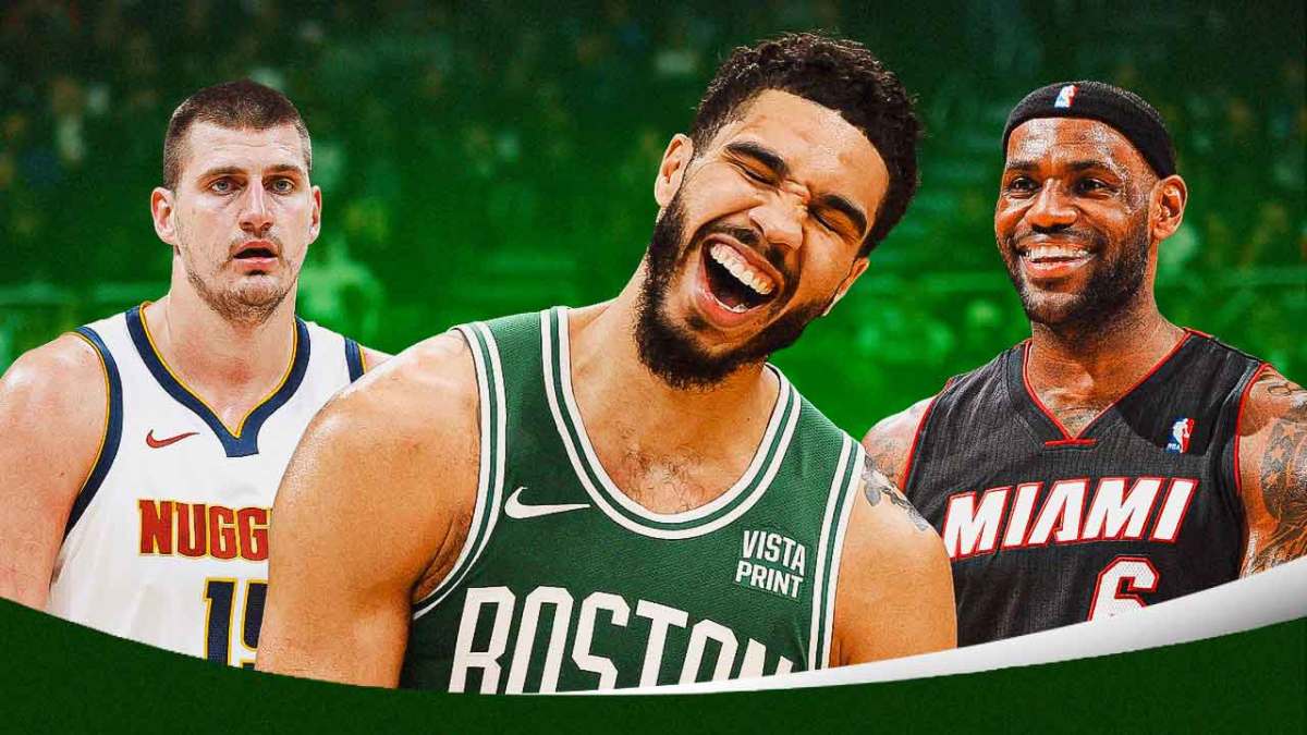 Celtics star Jayson Tatum looking hyped next to Nikola Jokic on his left and LeBron James in Heat jersey on right