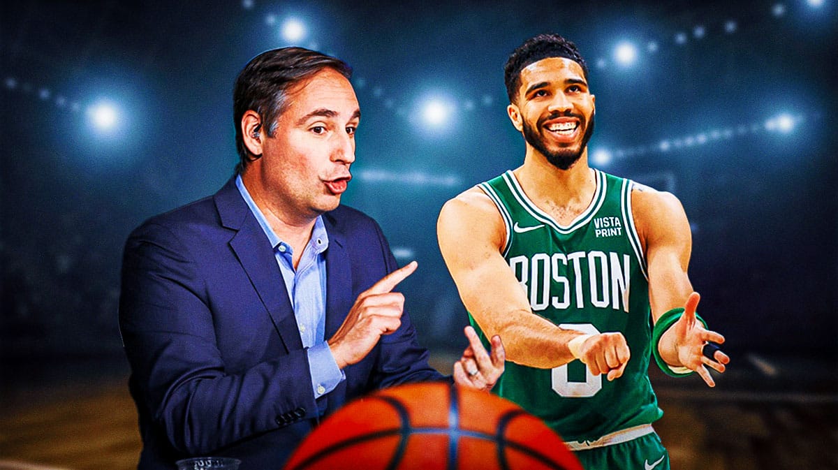 Boston Celtics star Jayson Tatum and Sports Analyst Zach Lowe in front of TD Garden.