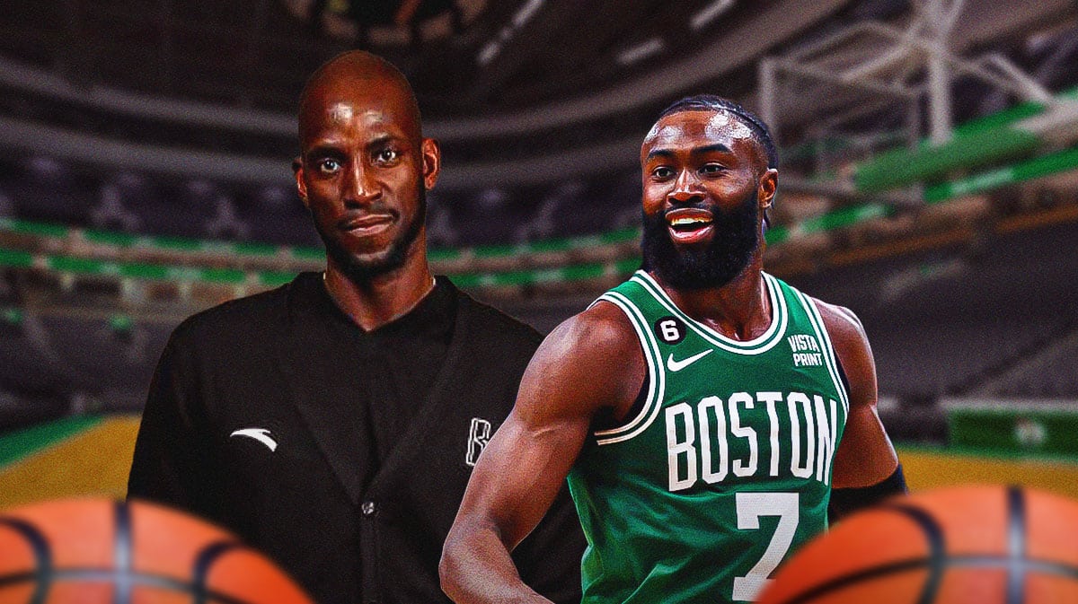 Kevin Garnett and Jaylen Brown with TD Garden in background