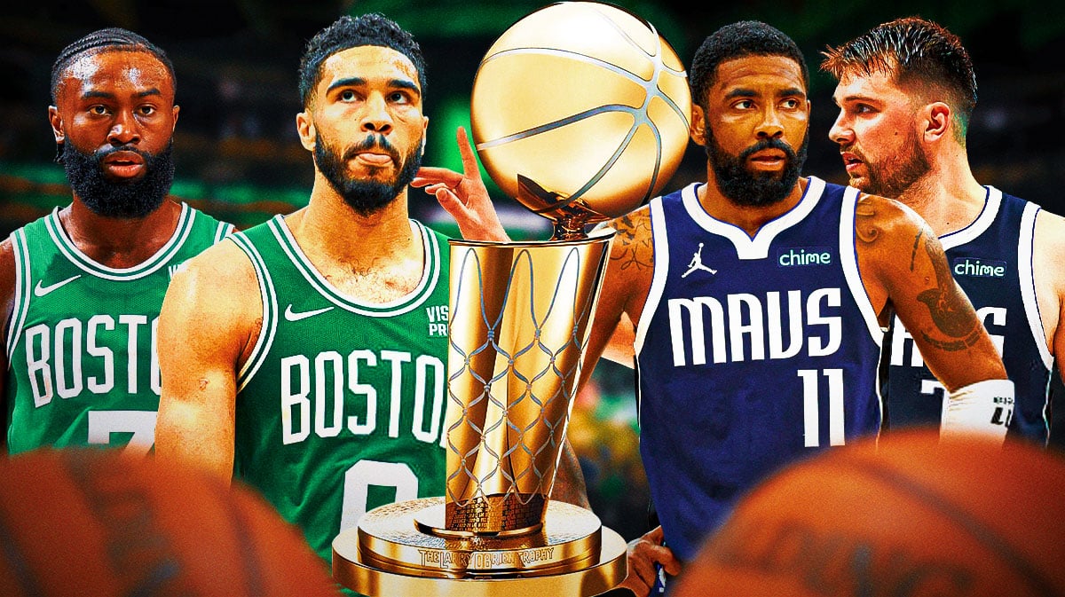 The Larry O'Brien trophy in the middle, Jayson Tatum and Jaylen Brown on one side, Luka Doncic and Kyrie Irving on the other side