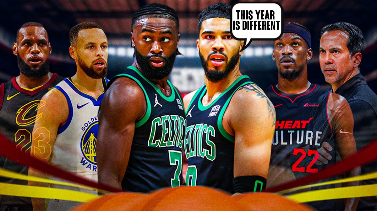 Celtics' Jayson Tatum and Jaylen Brown next to Steph Curry, LeBron James, Jimmy Butler and Erik Spoelstra