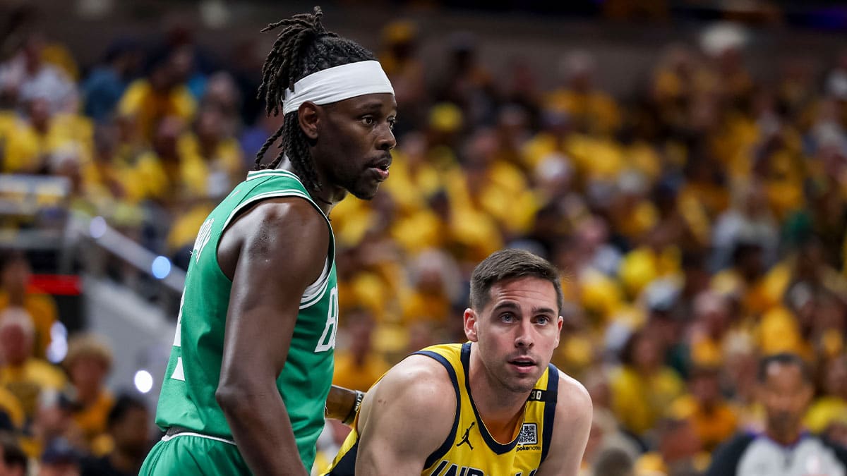 Boston Celtics guard Jrue Holiday (4) guards Indiana Pacers guard T.J. McConnell (9) during the first quarter during game four of the eastern conference finals for the 2024 NBA playoffs at Gainbridge Fieldhouse