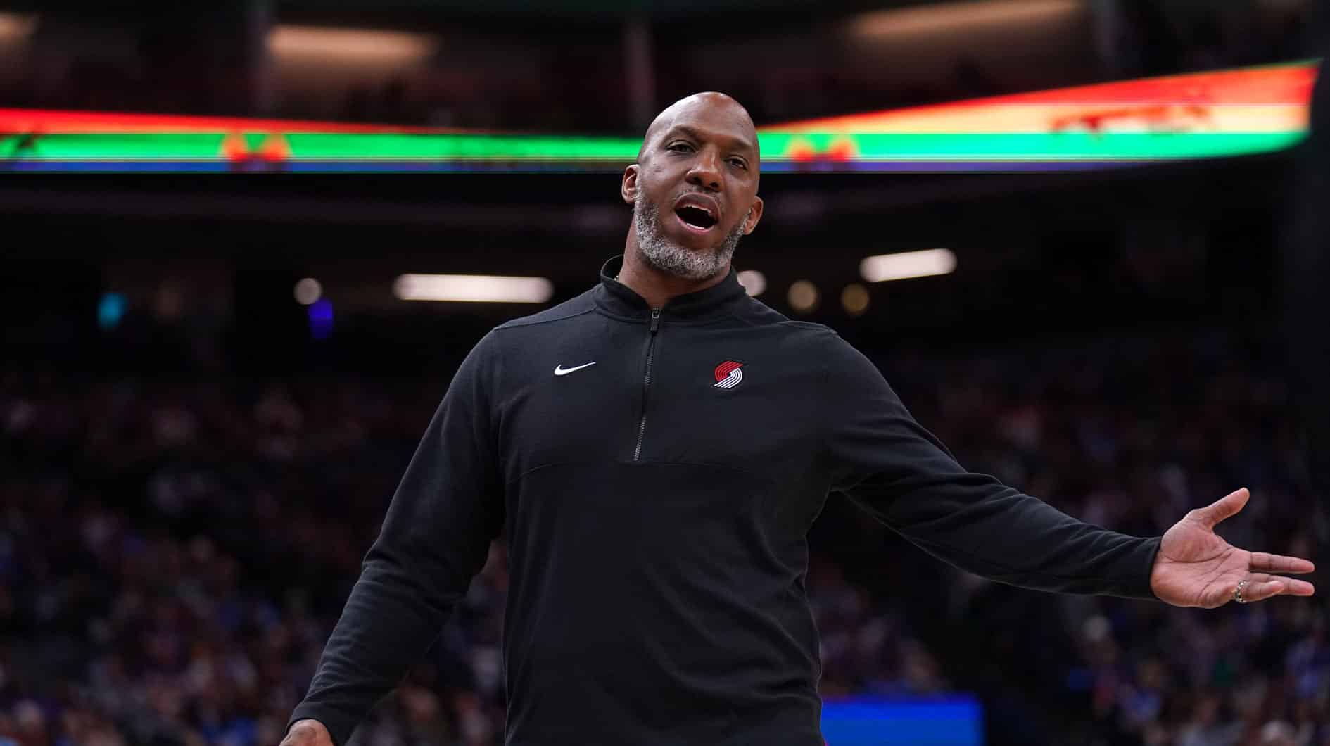 Portland Trail Blazers head coach Chauncey Billups talks to a referee after a play against the Sacramento Kings in the fourth quarter at the Golden 1 Center