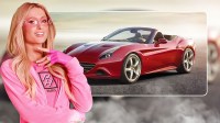 Paris Hilton in front of a car from her collection.