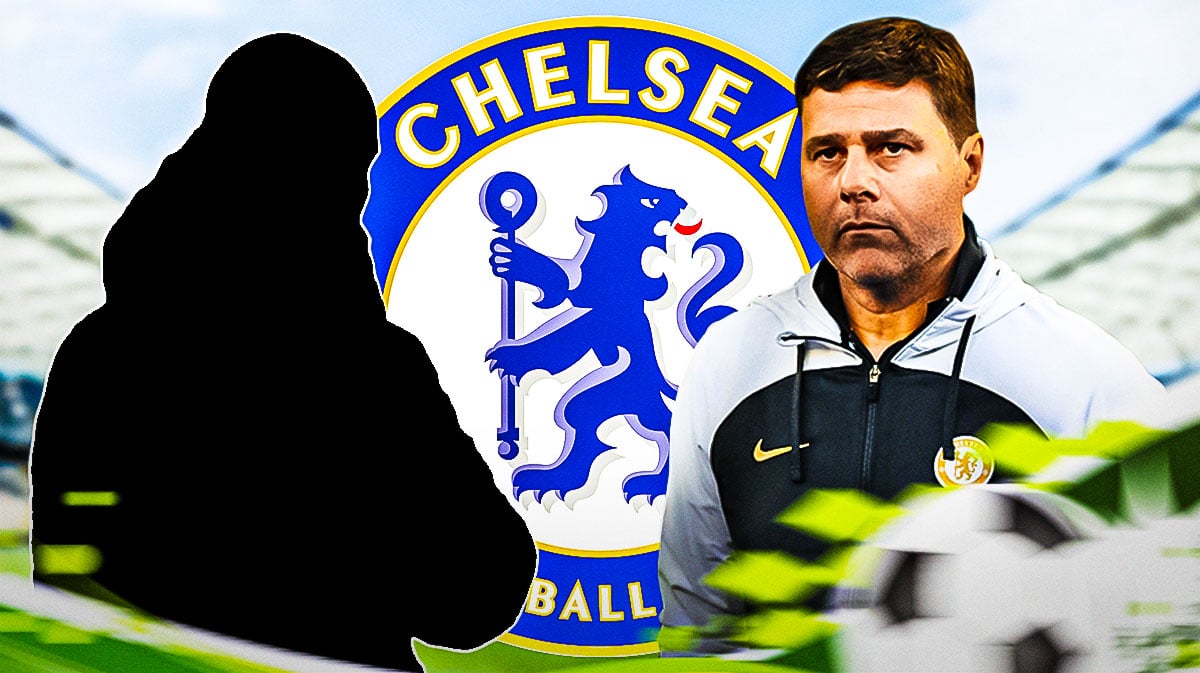 The silhouette of Enzo Maresca next to Mauricio Pochettino in front of the Chelsea logo