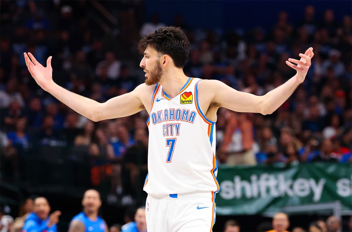 Oklahoma City Thunder forward Chet Holmgren (7) reacts during the game against the Dallas Mavericks during game three of the second round for the 2024 NBA playoffs at American Airlines Center.