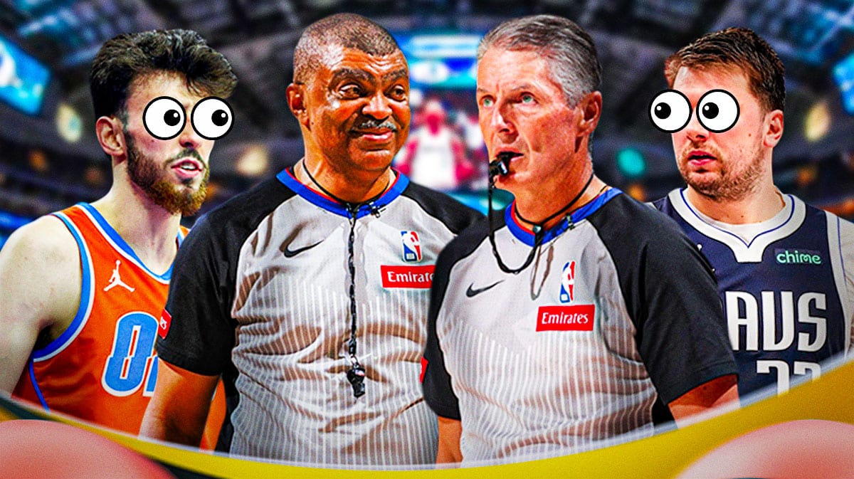 Two NBA referees (2024) in middle. On left, need Thunder's Chet Holmgren with eyes popping out looking at them. On right, need Mavericks' Luka Doncic with eyes popping out looking at them.