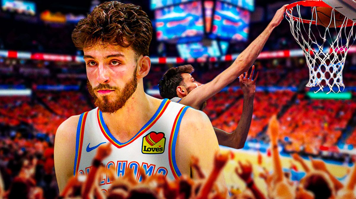 Thunder's Chet Holmgren dunking a basketball.