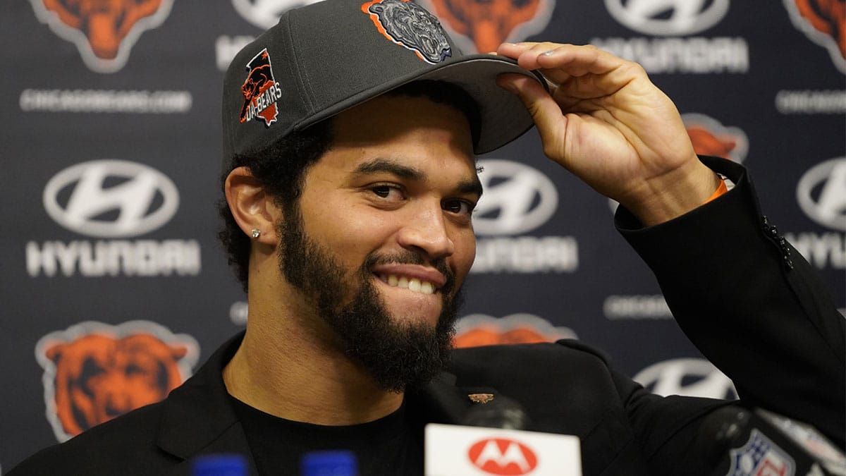 Chicago Bears number one draft choice Caleb Williams at a press conference at Halas Hall.