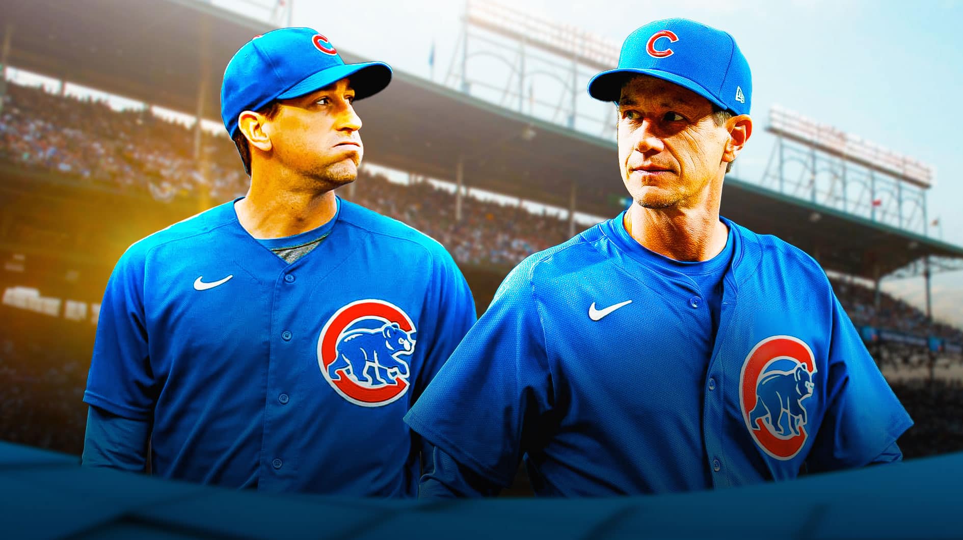 Cubs pitcher Kyle Hendricks, Manager Craig Counsell, Wrigley Field in back