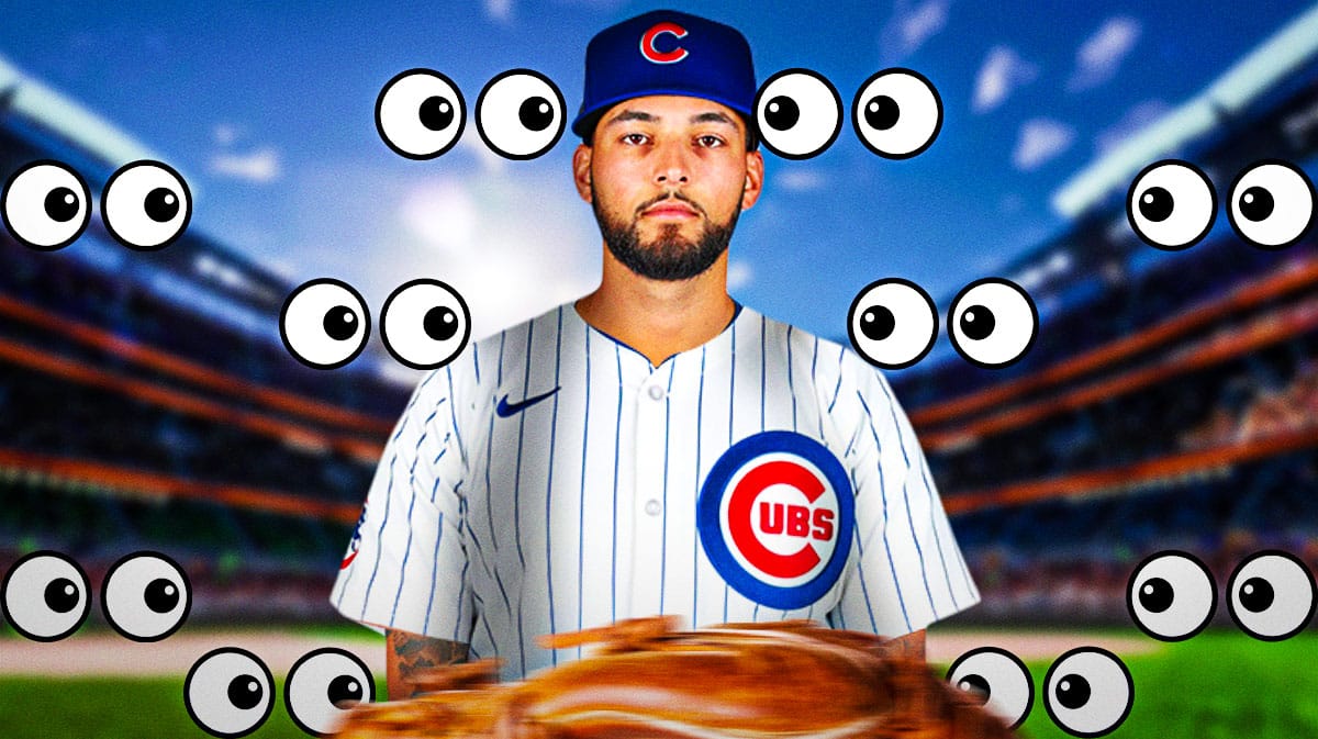 Tyson Miller in a Chicago Cubs jersey with a bunch of the big eyes emojis in the background