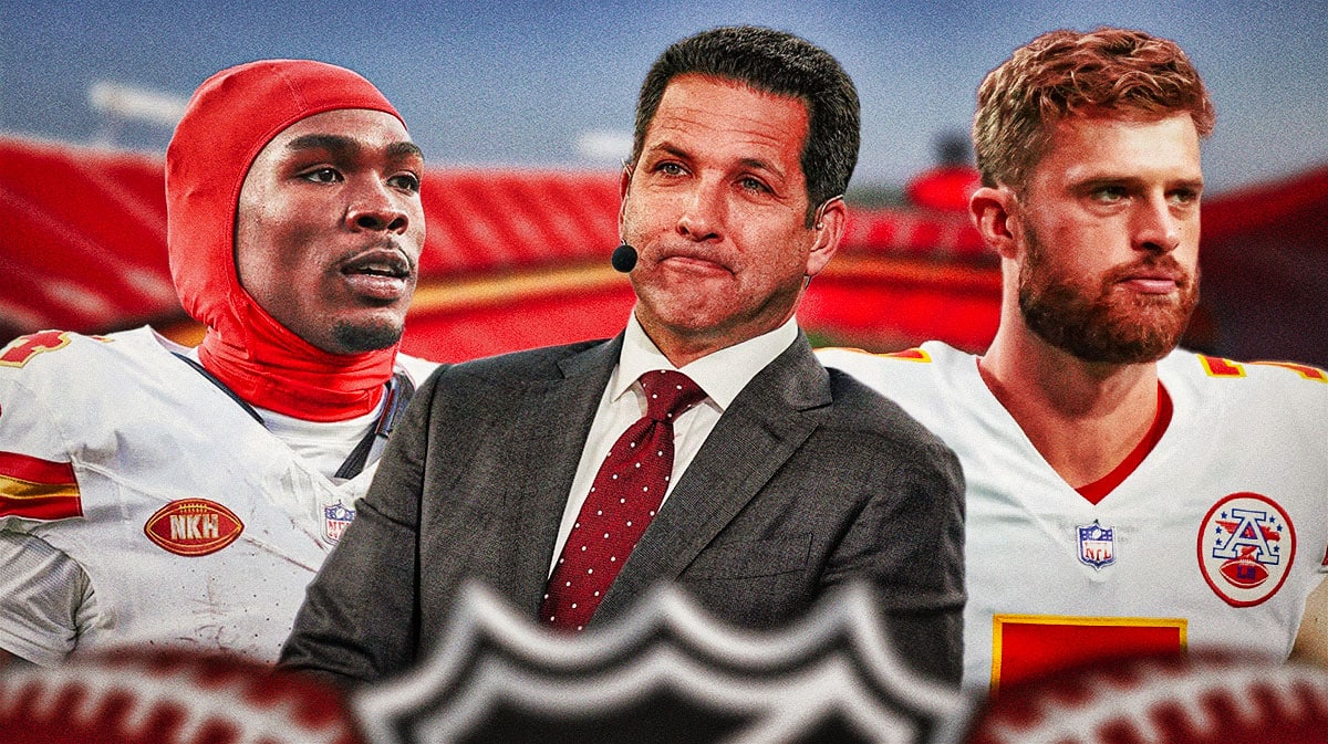 Adam Schefter between rashee rice and harrison butker looking angry