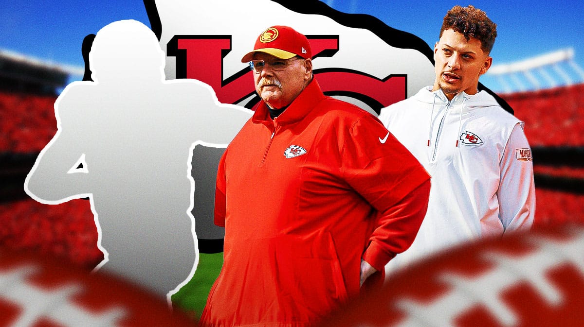 Kansas City Chiefs head coach Andy Reid with QB Patrick Mahomes and a silhouette of an American football player with a big question mark in the middle. There is also a logo for the Kansas City Chiefs.