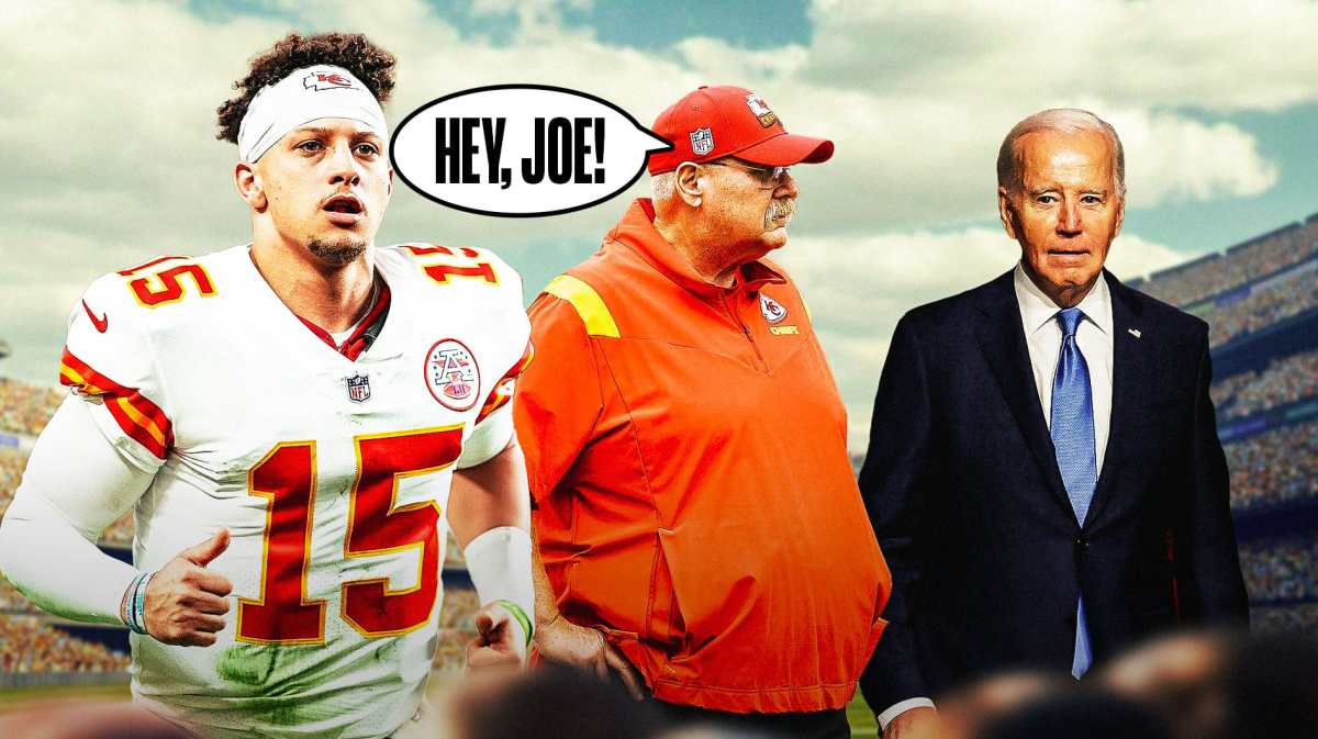 Patrick Mahomes and Andy Reid say "hey, Joe!" to Joe Biden.