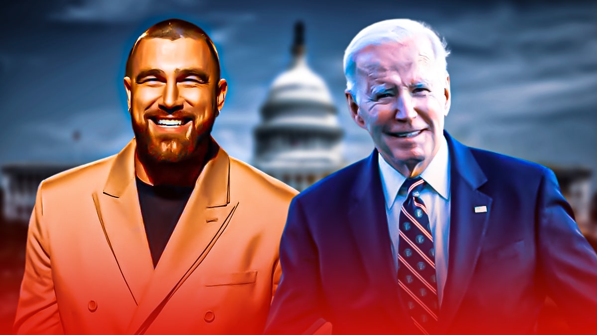 Chiefs Travis Kelce stands next to Joe Biden during White House visit, Super Bowl fans in background
