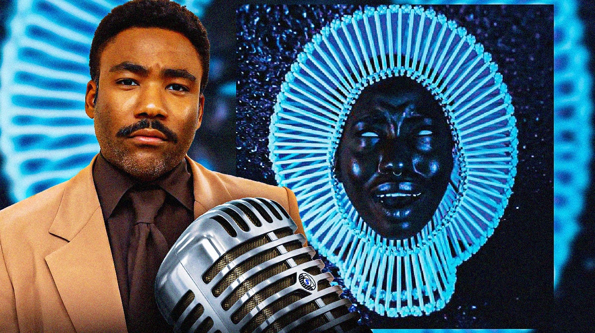Donald Glover, aka Childish Gambino, alongside one of his album covers