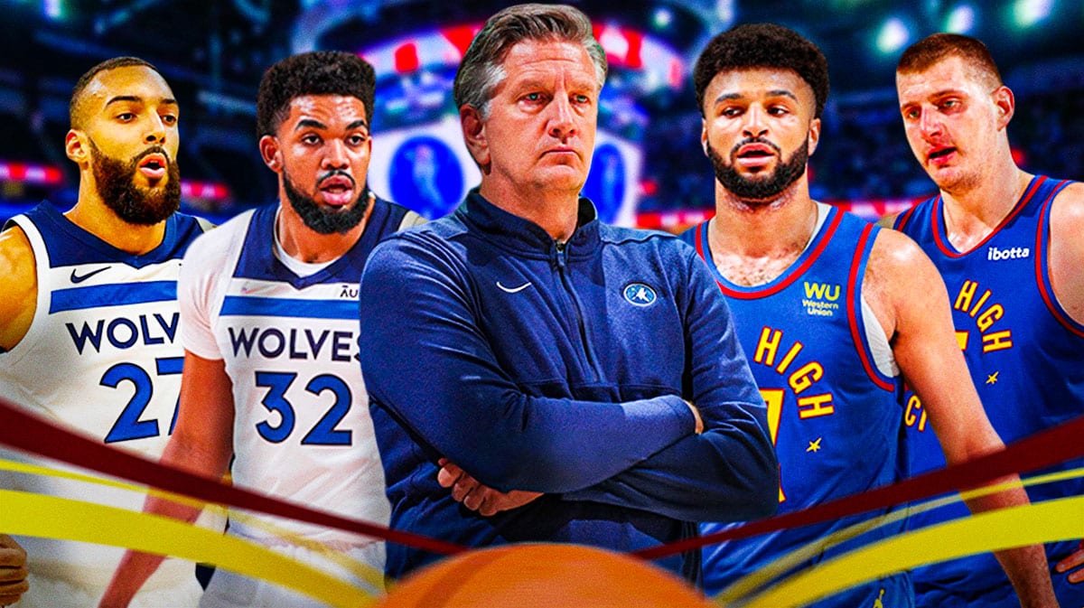 Chris Finch in the center. Rudy Gobert and Karl-Anthony Towns off to the right. On the left have Nikola Jokic and Jamal Murray. Target Center background.