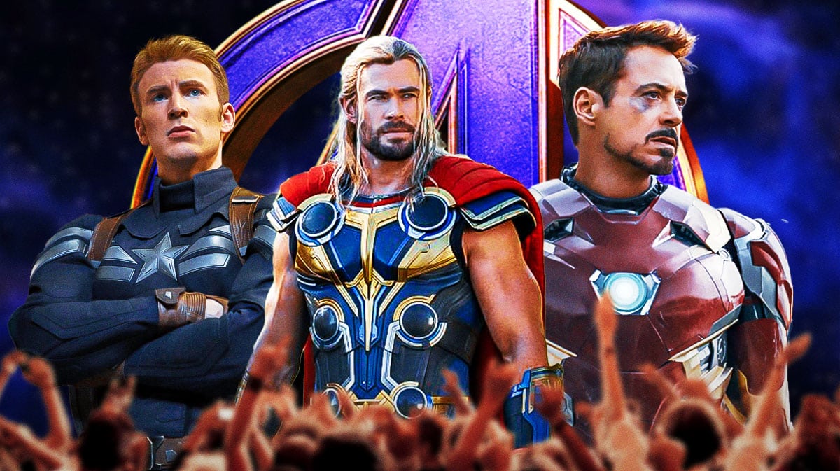 MCU Avengers logo, Chris Evans as Captain America, Chris Hemsworth as Thor, and Robert Downey Jr. as Iron Man.