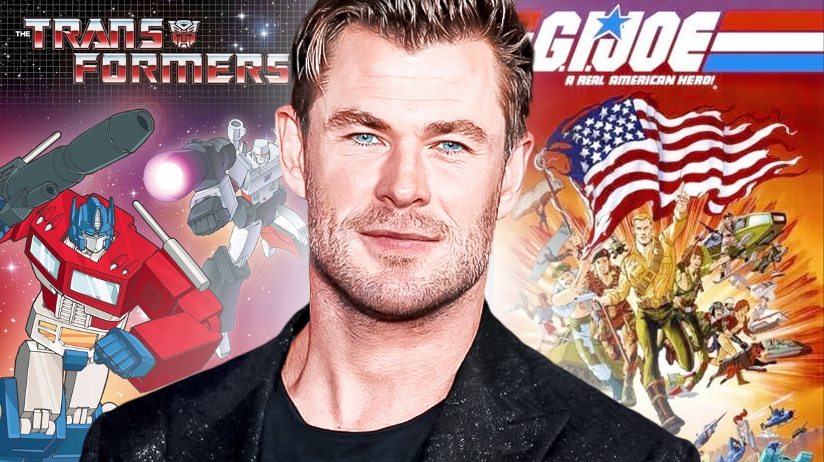 Chris Hemsworth; Background: G.I. Joe and Transformer posters