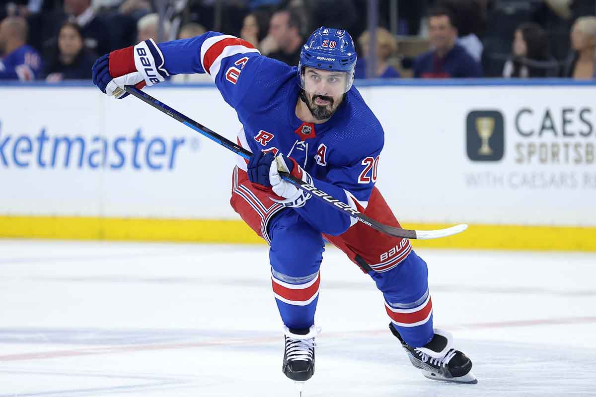 New York Rangers left wing Chris Kreider (20) skates against the Florida Panthers during the first period of game one of the Eastern Conference Final of the 2024 Stanley Cup Playoffs at Madison Square Garden.