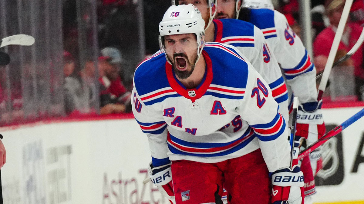 New York Rangers left wing Chris Kreider (20) celebrates his goal against the Carolina Hurricanes during the third period in game six of the second round of the 2024 Stanley Cup Playoffs at PNC Arena.