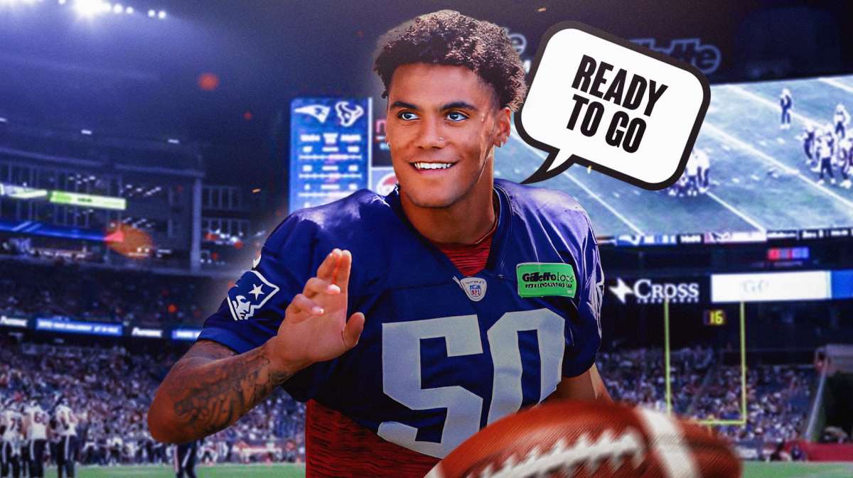 Patriots Christian Gonzalez with a quote bubble saying "ready to go" after injury