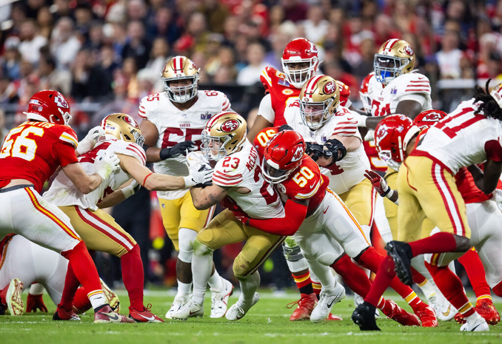 49ers running back Christian McCaffrey against the Kansas City Chiefs in Super Bowl 58