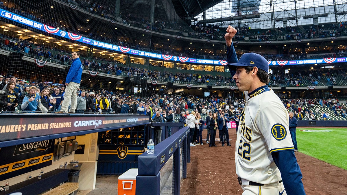 Milwaukee Brewers left fielder Christian Yelich (22) waves to the fans after the victory over the Minnesota Twins on Tuesday April 2, 2024 at American Family Field in Milwaukee, Wis.