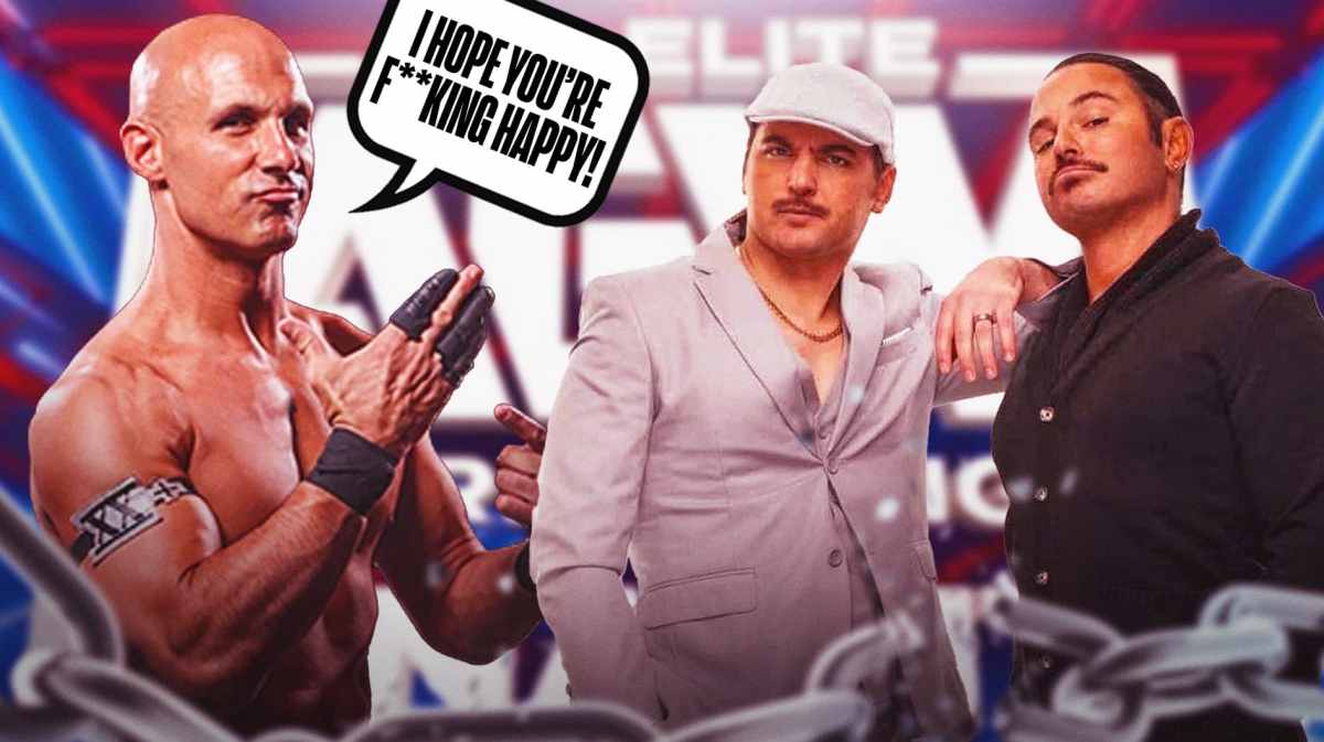 Christopher Daniels with a text bubble reading "I hope you’re f**king happy!" next to the 2024 Young Bucks with the AEW Dynamite logo as the background.