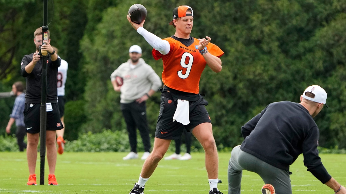 Cincinnati Bengals quarterback Joe Burrow return to the practice field during an offseason workout at the practice fields outside of Paycor Stadium Tuesday, May 7, 2024. Burrow is recovering from wrist surgery after a season-ending injury he suffered in a Week 11