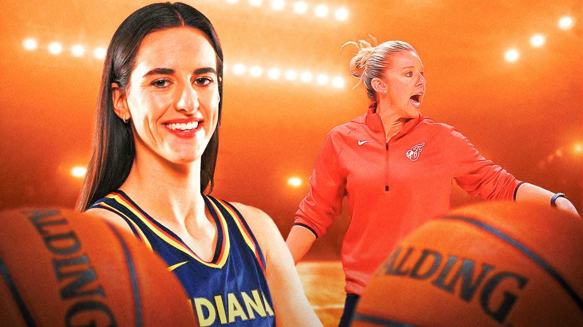 Caitlin Clark in fever jersey on one side and head coach Christie Sides on the other