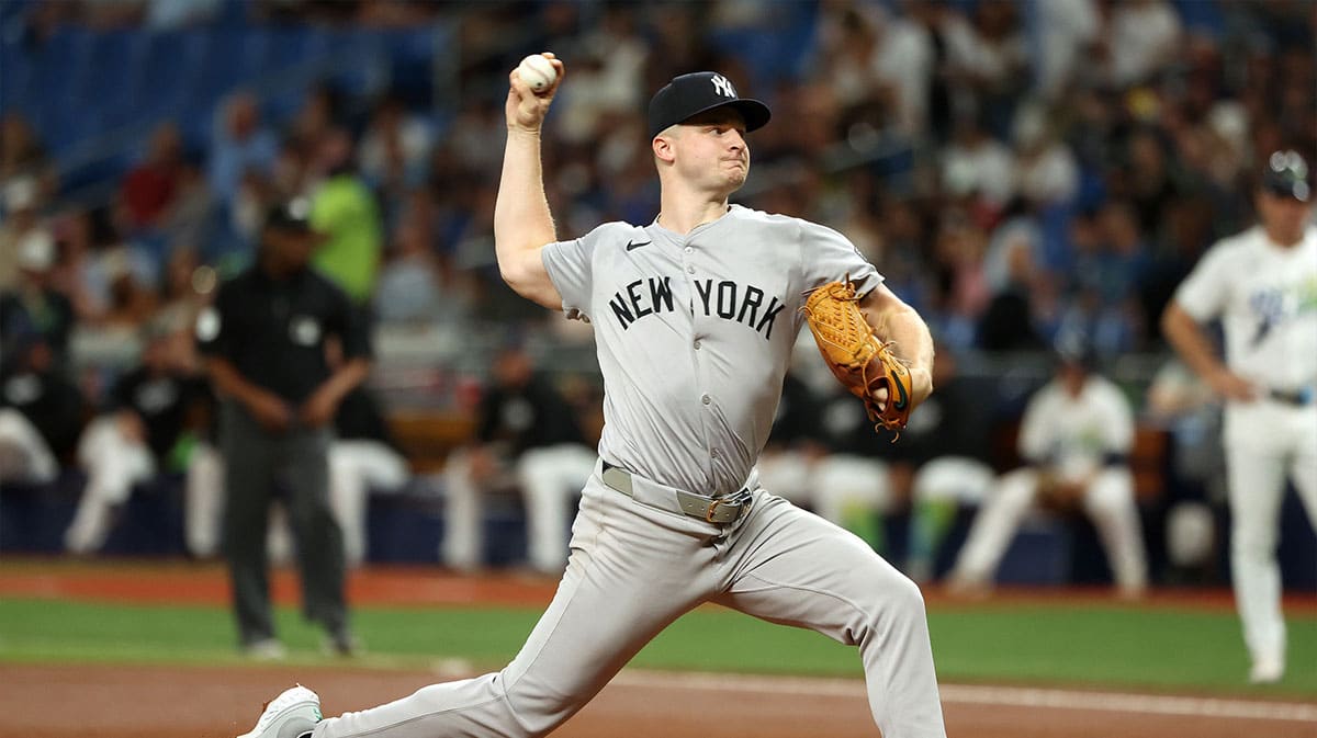 New York Yankees pitcher Clarke Schmidt (36) throws a pitch against the Tampa Bay Rays during the first inning at Tropicana Field.