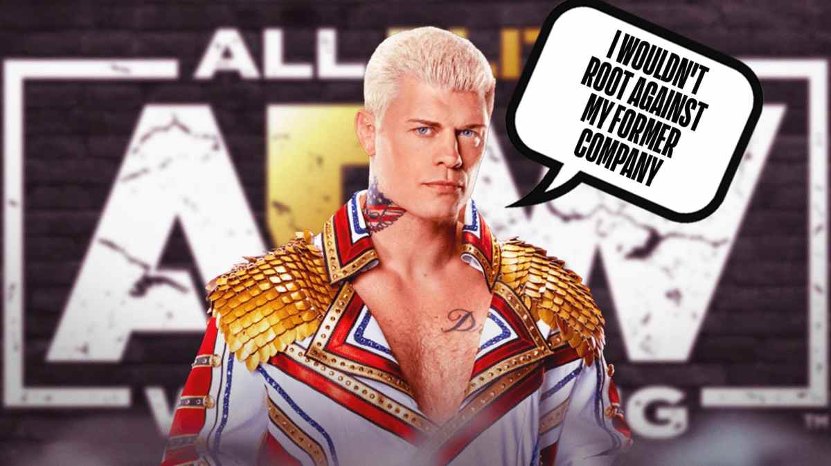 Cody Rhodes with a text bubble reading "I wouldn't root against my former company" with the AEW logo as the background.