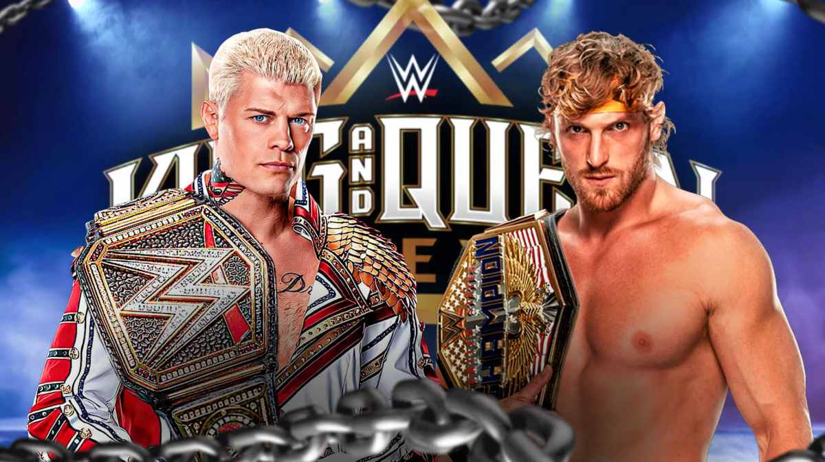 Cody Rhodes holding the WWE Championship next to Logan Paul holding the United States Championship with the 2024 King and Queen of the Ring logo as the background.