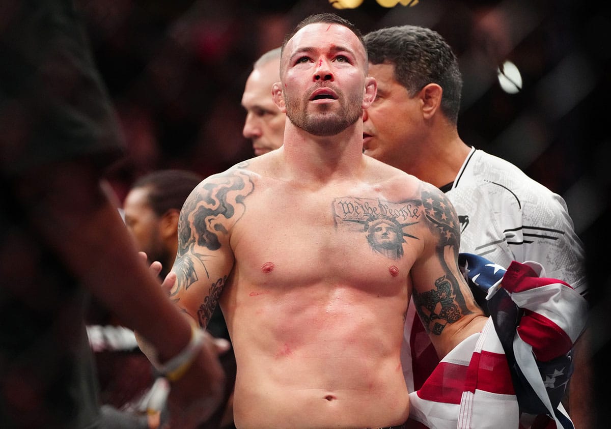 Colby Covington reacts after losing to Leon Edwards (not pictured) during UFC 296 at T-Mobile Arena